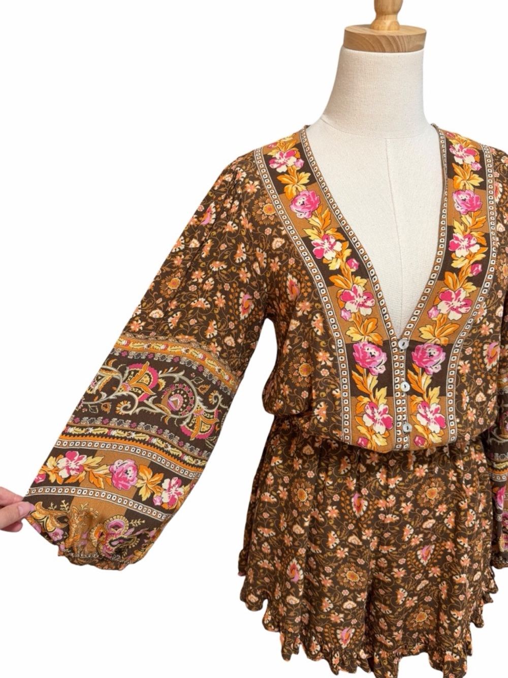 SPELL Madame Peacock Romper Coffee Floral Size Small - Picture 5 of 12
